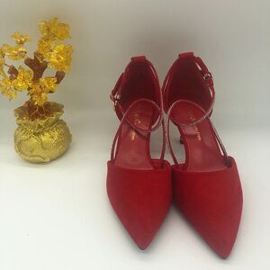 Eastanna Pointed Toe Ankle Strap Kitten Heel Pumps With Rhinestones